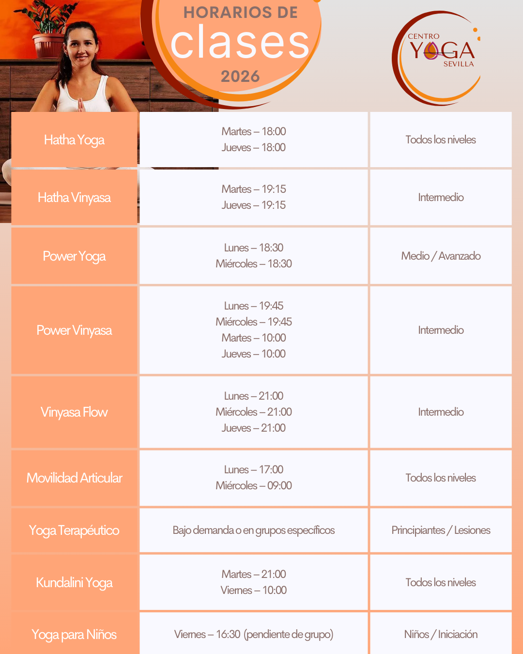 Horario de clases 2026 Centro Yoga Sevilla