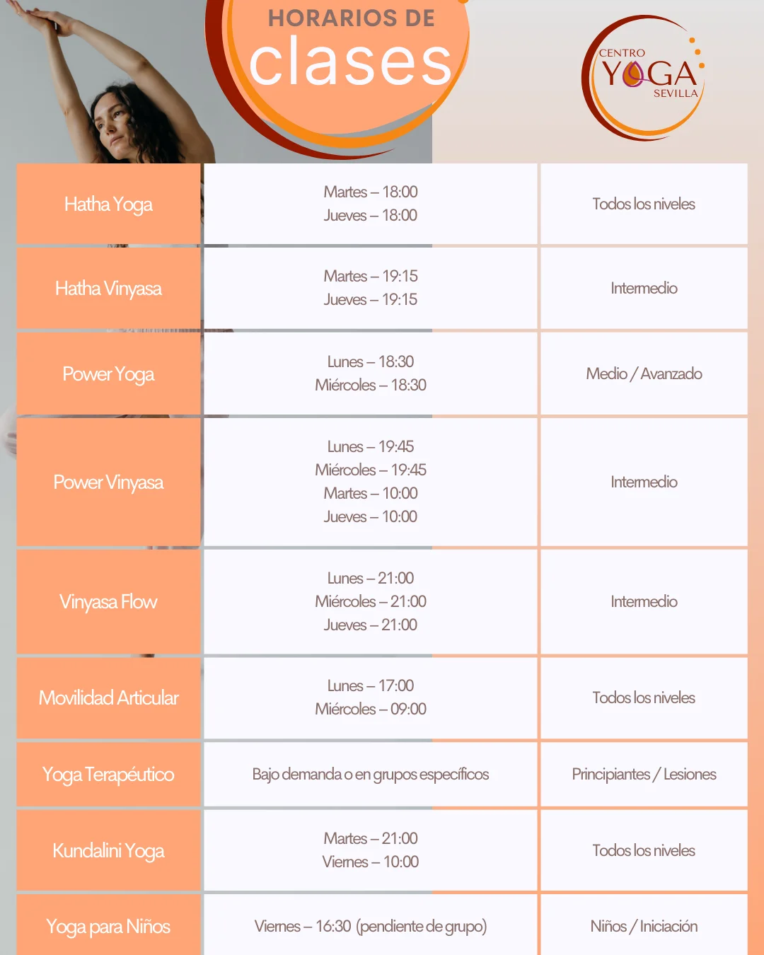 Horarios de clases en Centro Yoga Sevilla